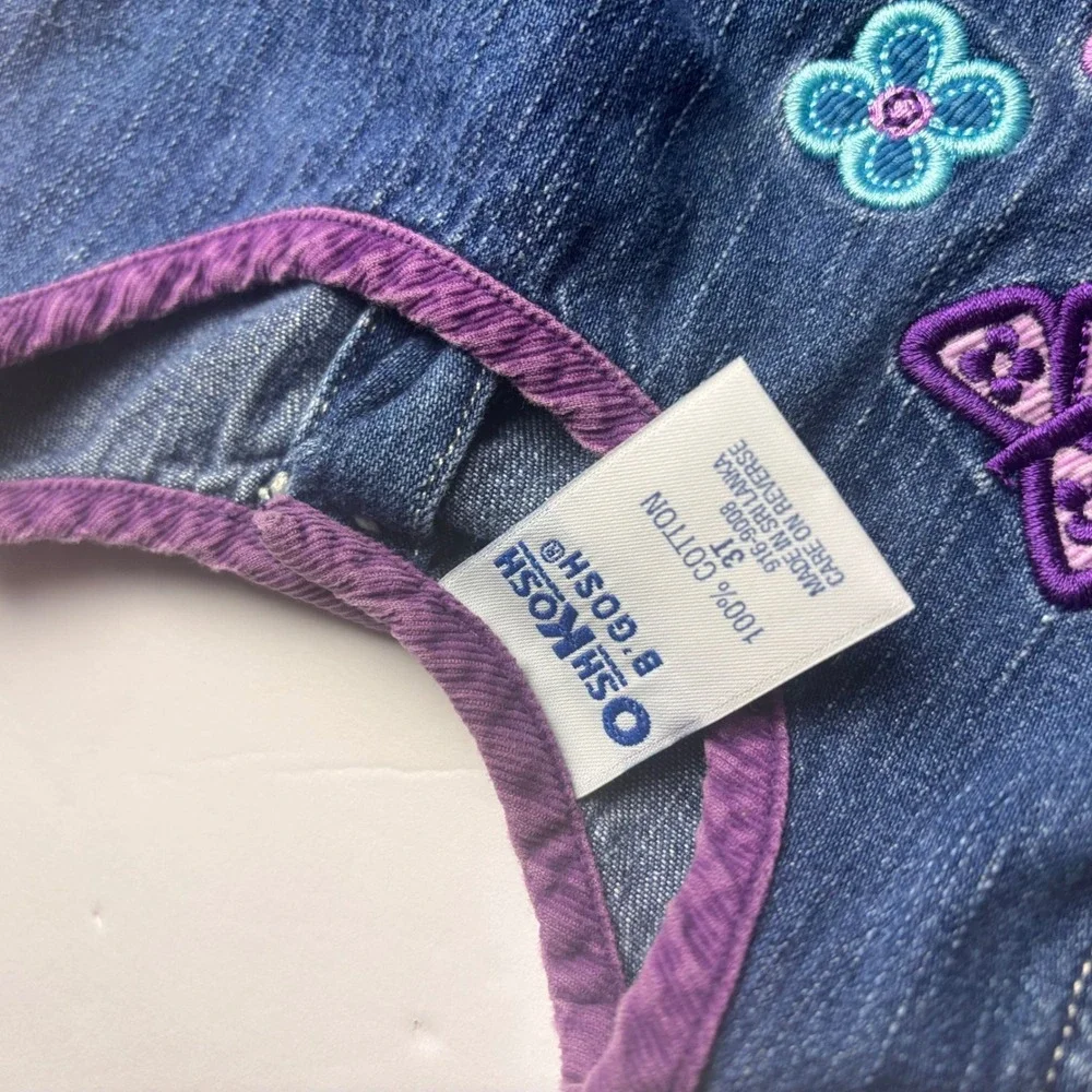 VINTAGE OshKosh Bgosh 3T‎ Denim Purple Corduroy Floral Embroidered Jumper Dress